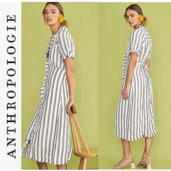 NWT Anthropologie Pilcro Ruffle Collar Stripe Buttondown Midi Dress blue/wh  10p - Picture 3 of 13